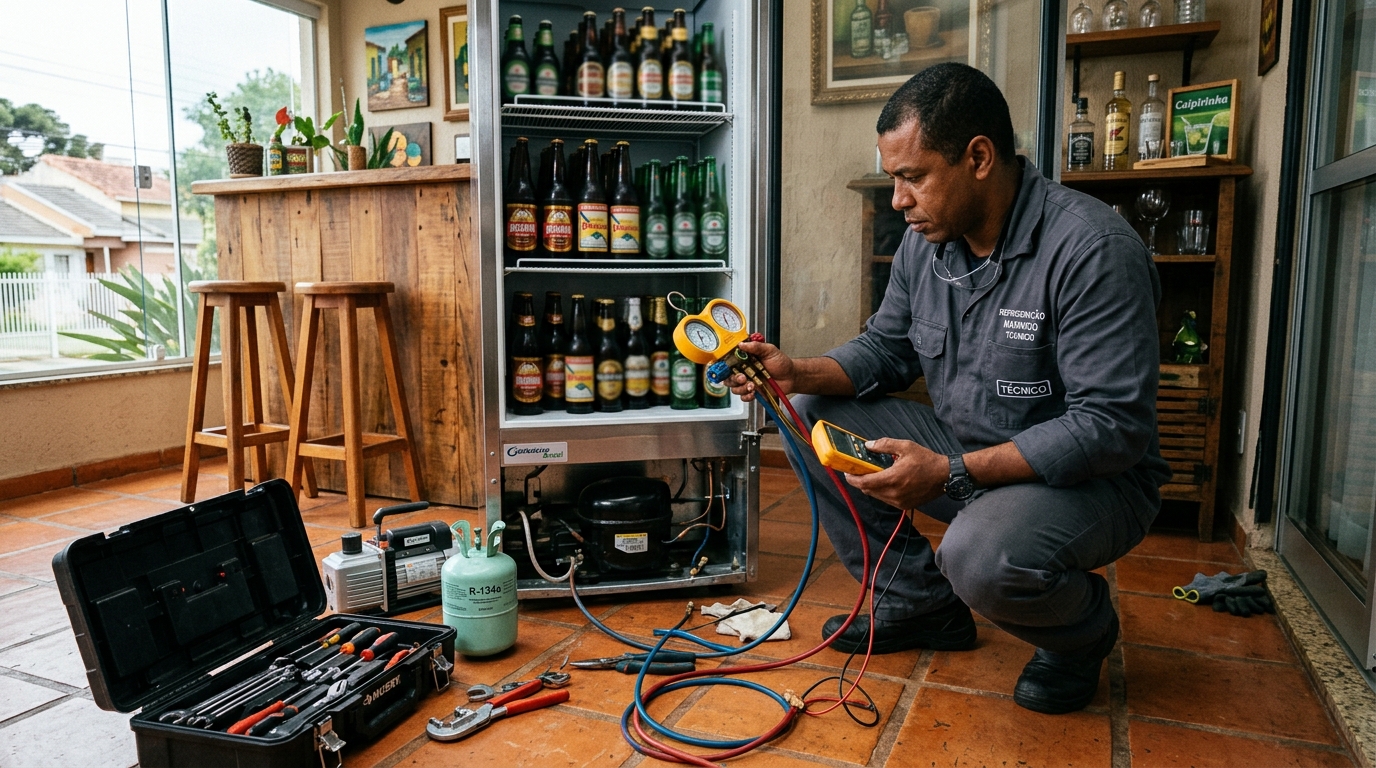 Profissional executando reparo no motor de cervejeira em Londrina‑PR