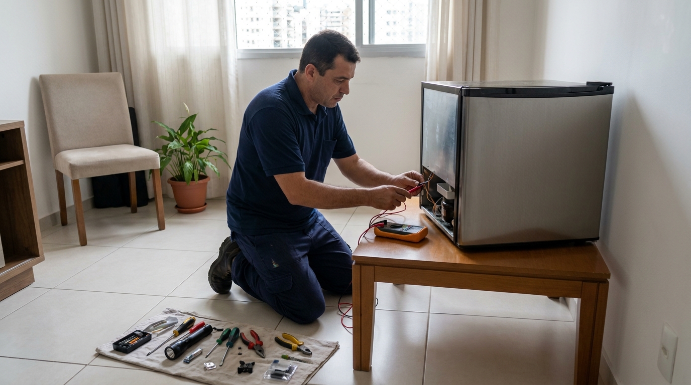 Técnico fazendo manutenção do motor de frigobar em Londrina‑PR