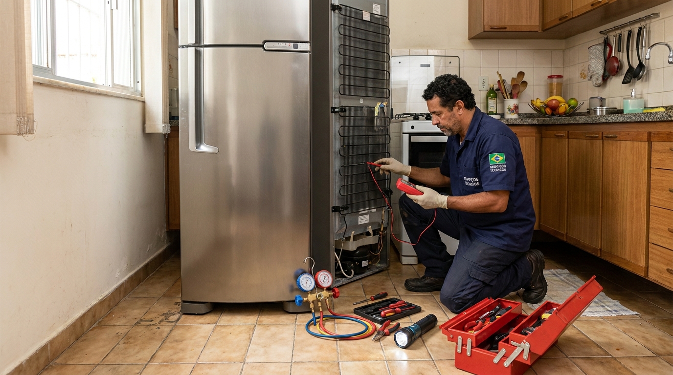 Profissional fazendo manutenção do motor de geladeira em Londrina‑PR