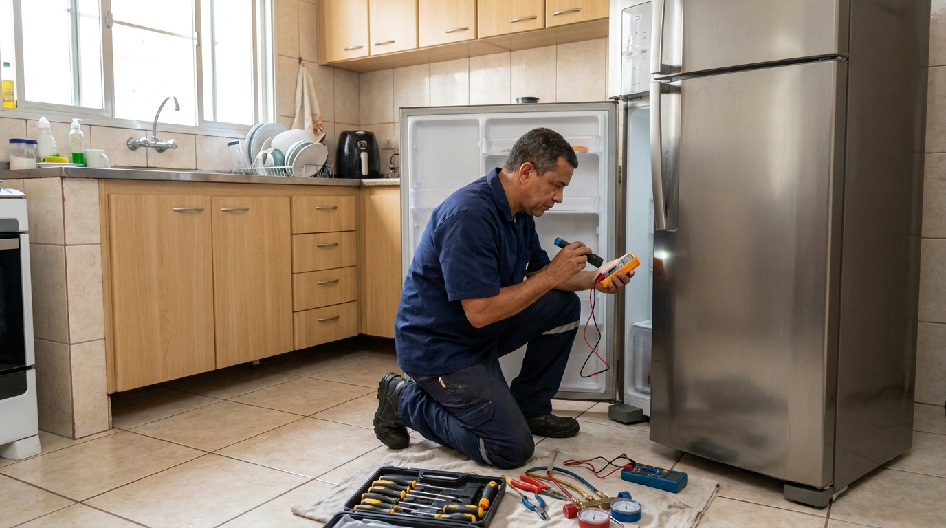 Técnico aplicando recarga de gás refrigerante em geladeira em Londrina‑PR